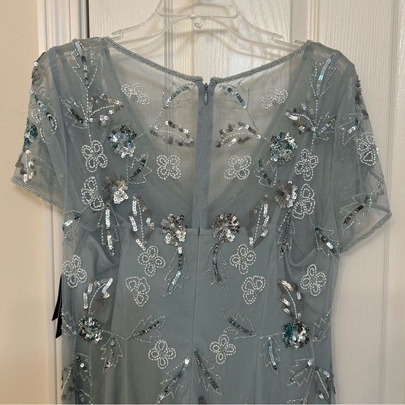 ADRIANNA PAPELL V-Neck Short Sleeve Illusion Beaded Gown in Aqua Dust - Picture 10 of 12